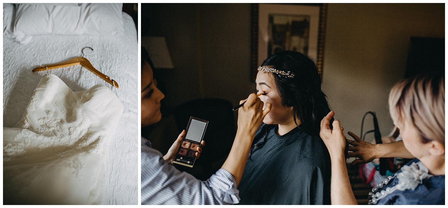 a bride gets her hair and makeup done