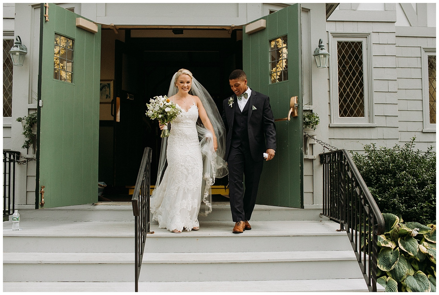 a bride and groom exiting a church on Peaks Island, Maine