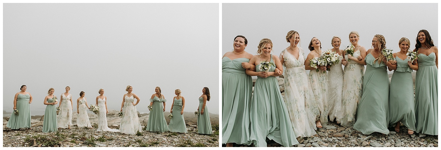 the bridesmaids wore mismatched seafoam green dresses