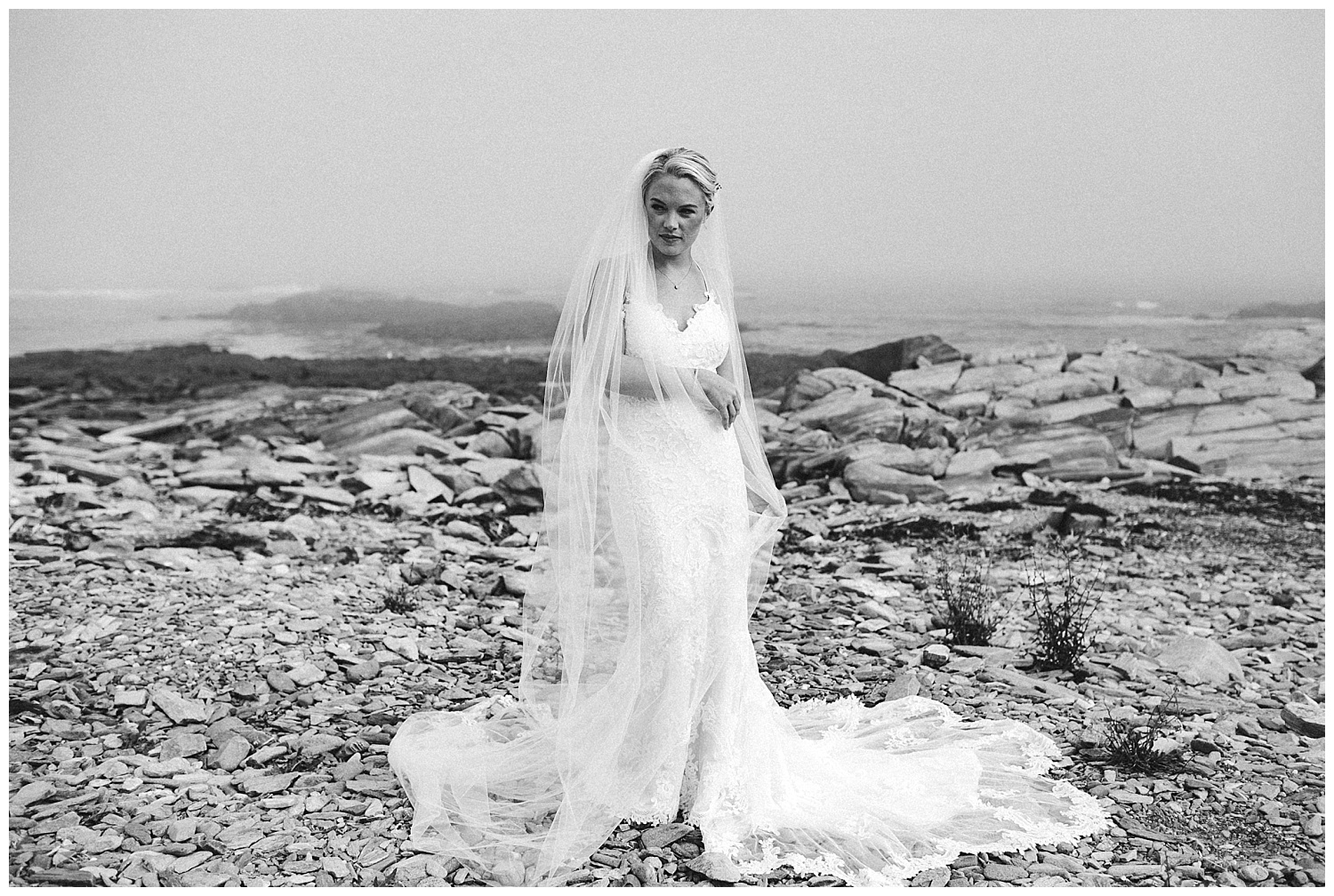 this bride chose a dramatic veil for her Peaks Island wedding
