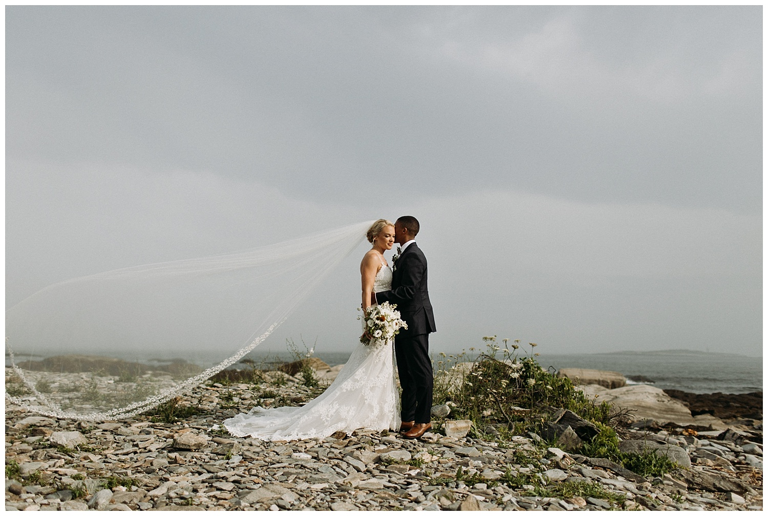 a bride's veil blowing in the wind on Peaks Island