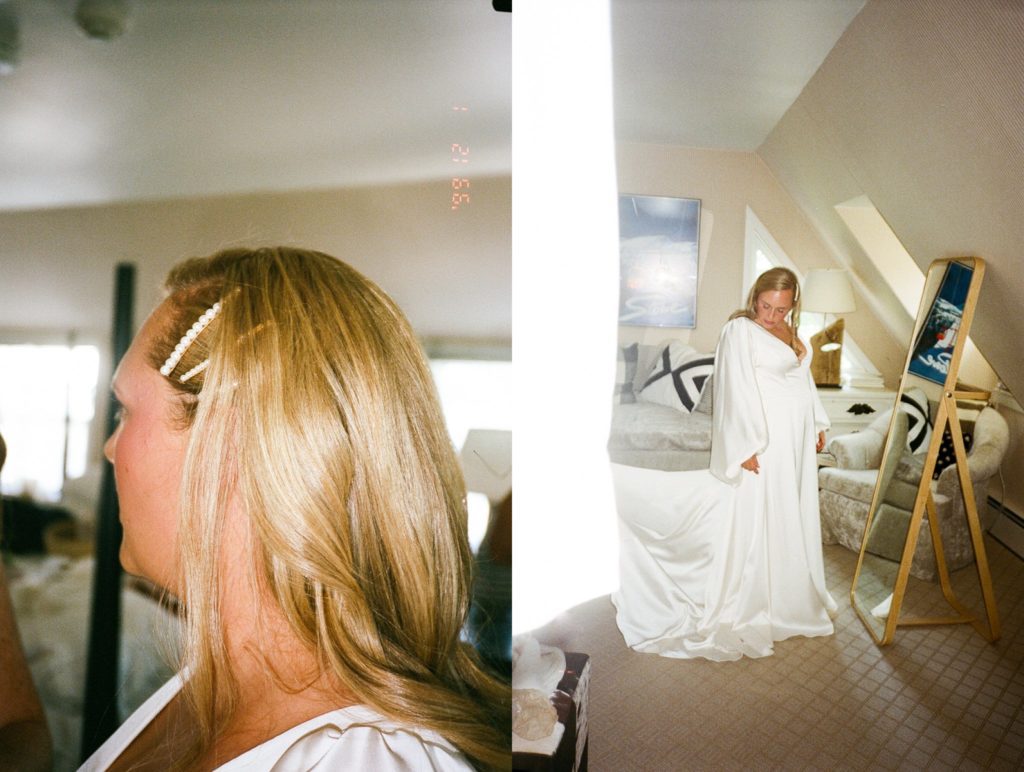 a bride looking at herself in the bridal suite at Edson Hill