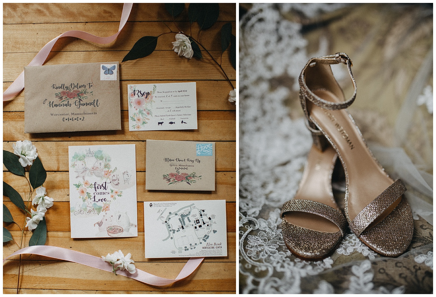 Handmade wedding invitation and gold shoes