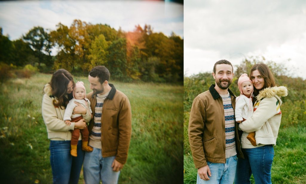 a family poses for film portraits in autumn