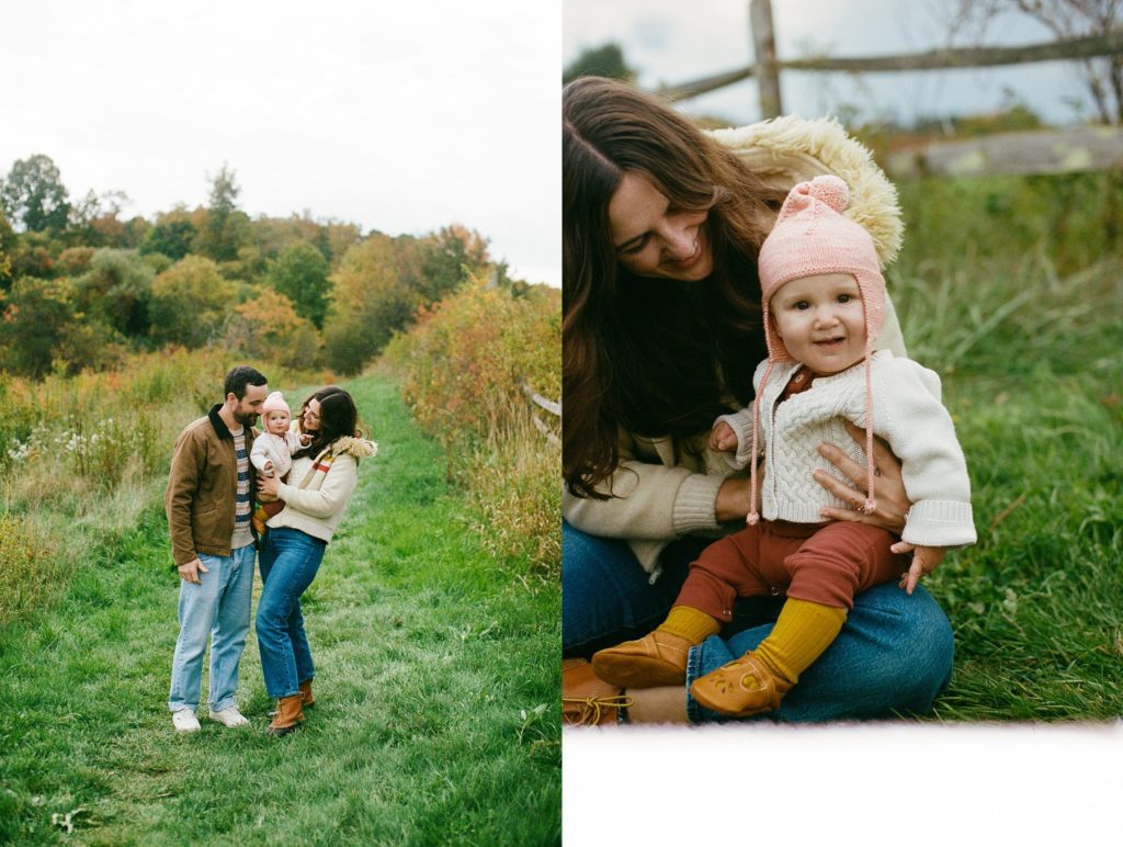 a family poses for portraits on film in a field