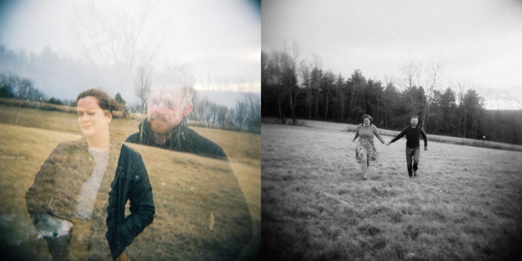 Couple engaged to be wed runs through a field together next to a double exposure of a man and woman