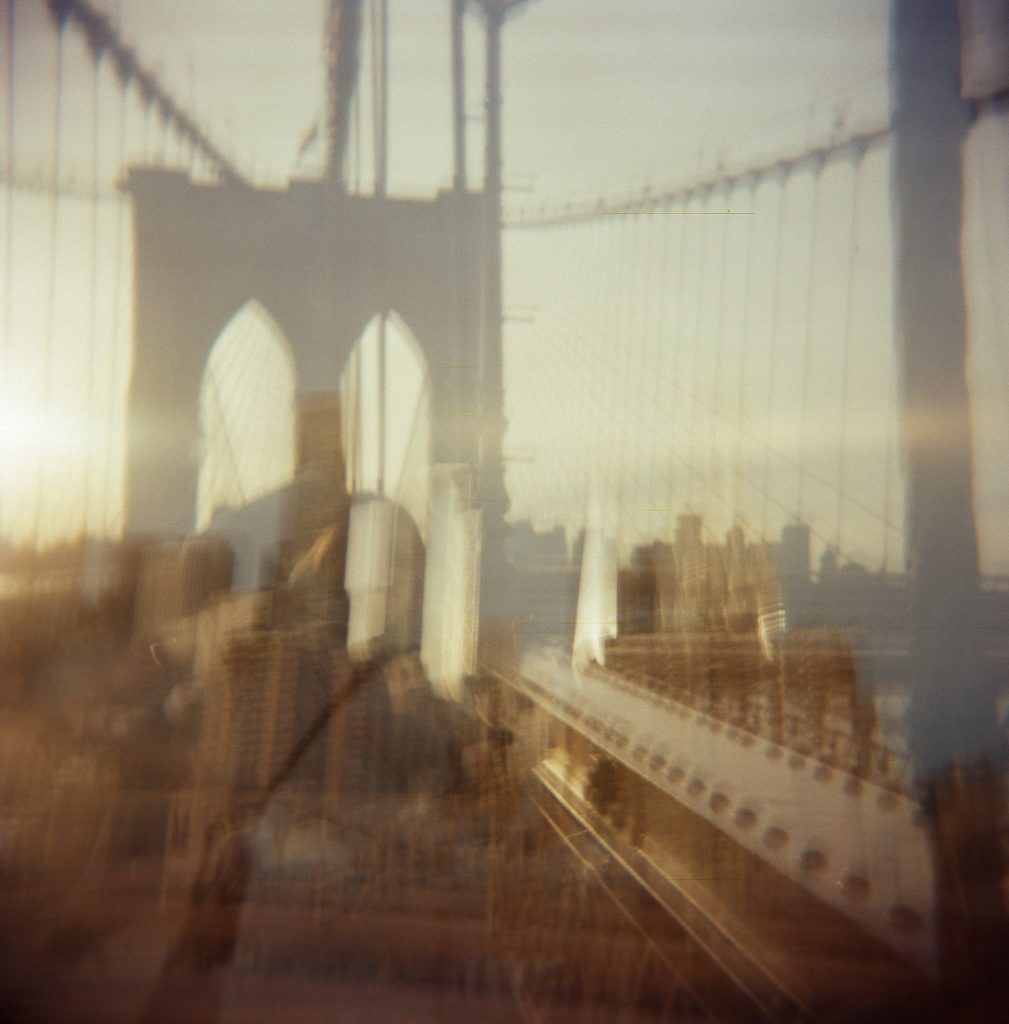 Dreamy view of Brooklyn Bridge on film