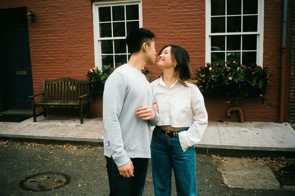 Couple about to kiss on film