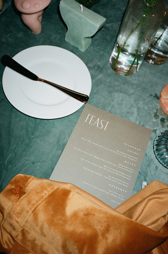 Modern wedding details - film photo of menu and flatware