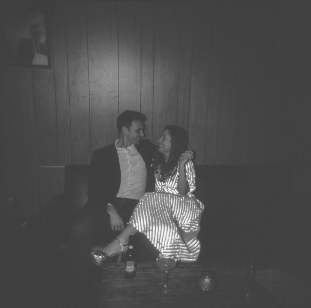 Film photo of Boston couple in black and white