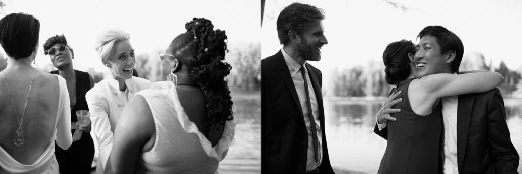 Film photos of wedding guests hugging in black and white