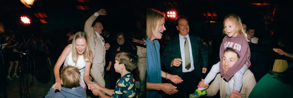 Side by side film photos of wedding guests dancing