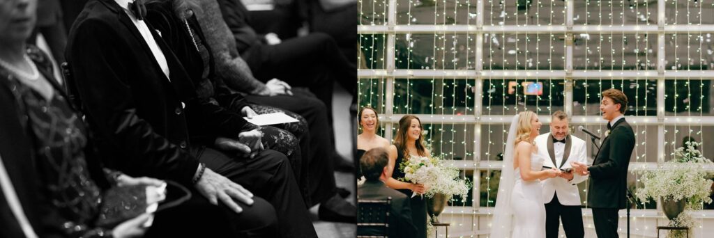 Wedding guests watch as bride and groom laugh during their ceremony 