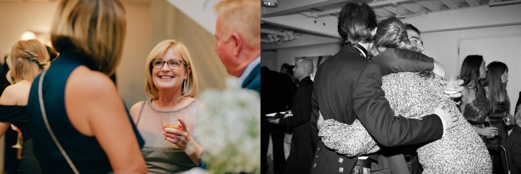 Side by side photos of wedding guests smiling and hugging, captured in a documentary style