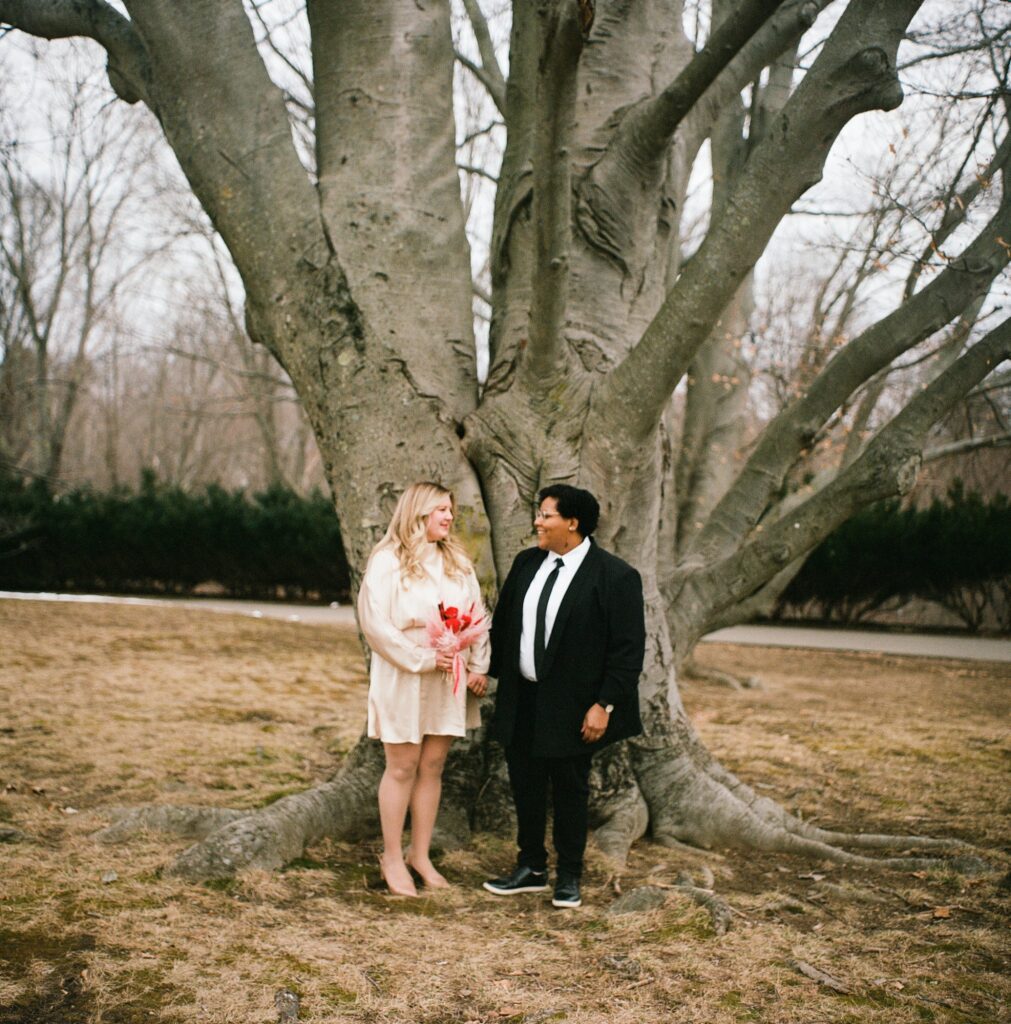 Massachusetts couple stands together by a tree on their wedding day