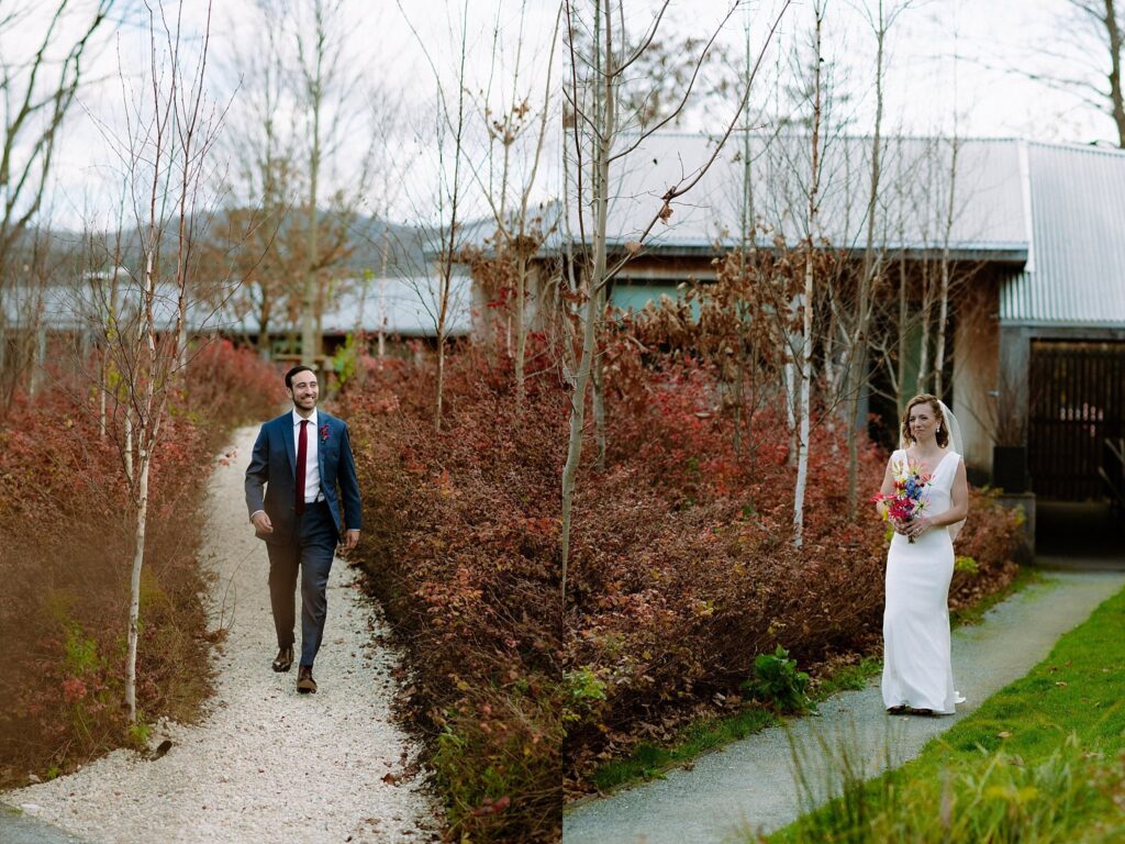 Bride and groom walk towards each other surrounded by New England foliage, captured on film
