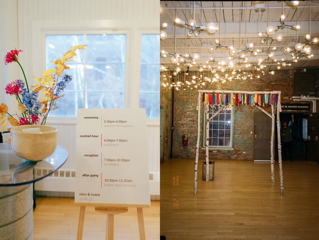 Mass MoCA wedding details including backdrop, flowers and schedule