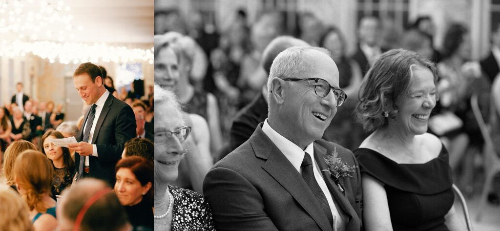 Film photographs of wedding guests giving a speech and smiling