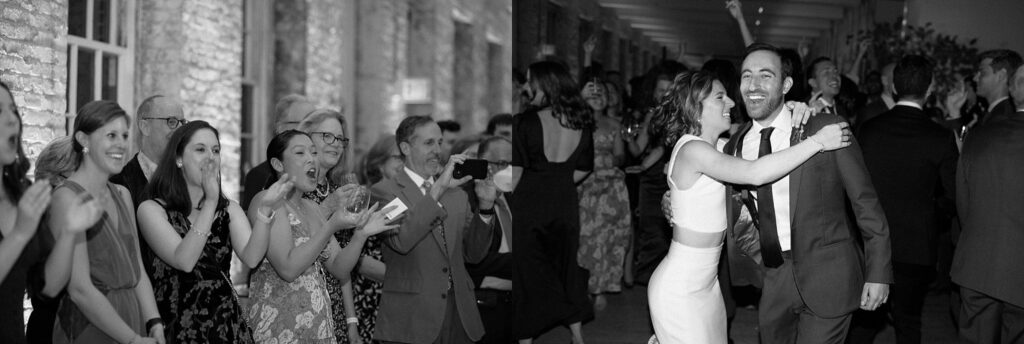 Black and white side by side photos of guests cheering on bride and groom, and newlyweds smiling and dancing