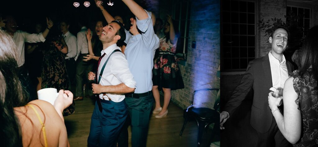 Guests smile and laugh while dancing at Berkshires wedding reception