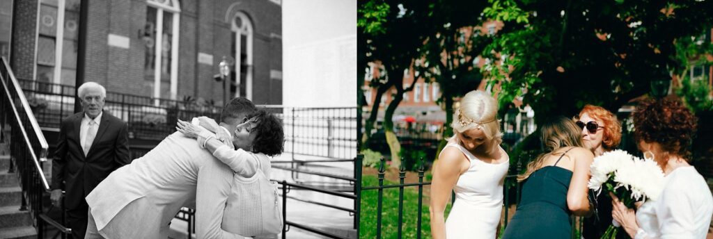 friends and neighbors hug a bride and groom in Boston