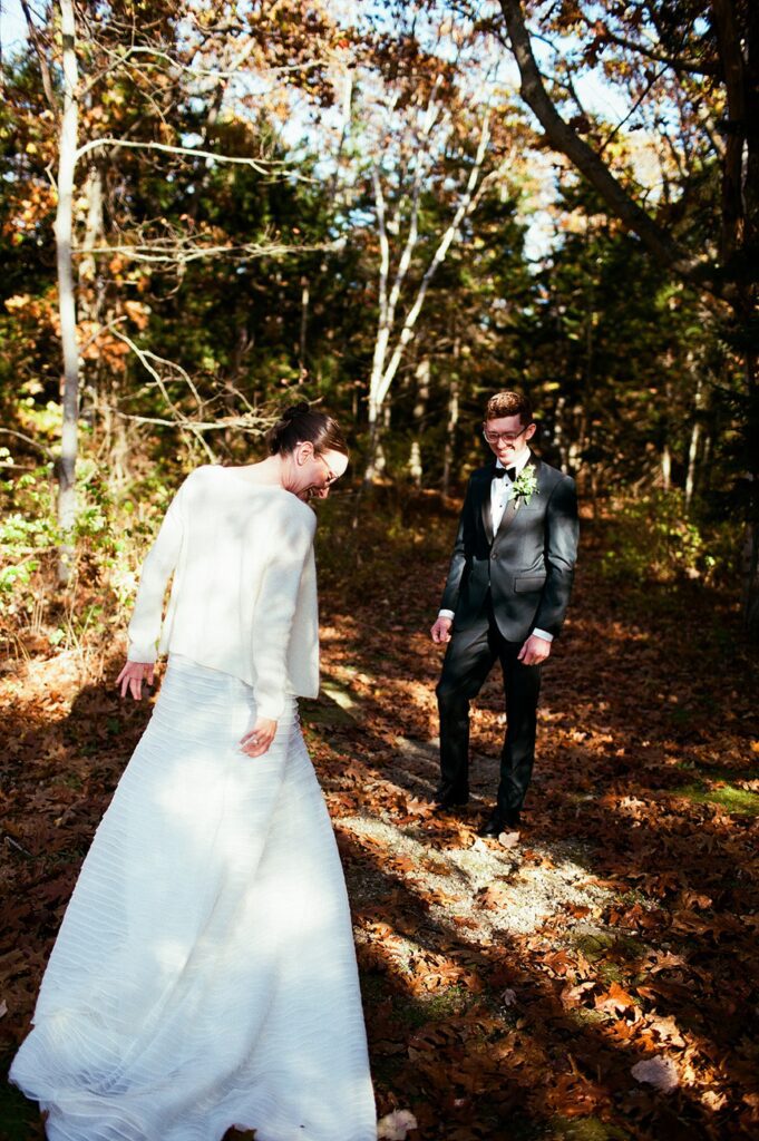 first look candid film photograph of bride and groom