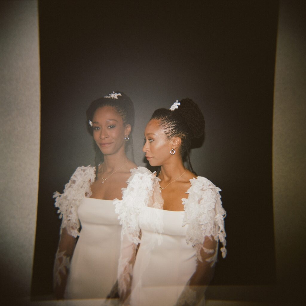 a double exposure portrait of a bride in a museum