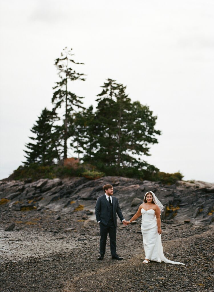 a bride and groom standing on a rocky beach